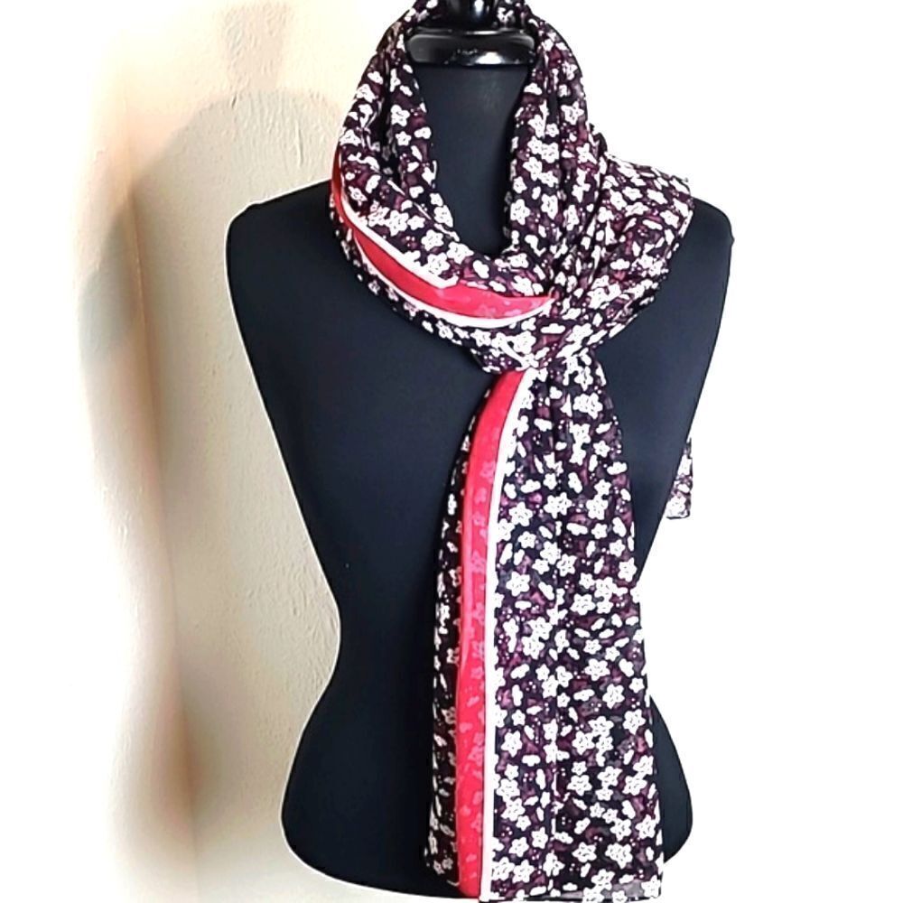 Calvin Klein Chiffon Scarf, Black & Maroon w/White Flowers, Pink Stripe, 60x24